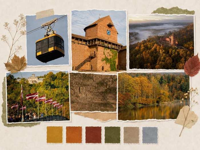 Siguldas Rudens Bumbas moodboard – rudens krāsu, Siguldas ainavu un sniega bumbu vizuālās atsauces