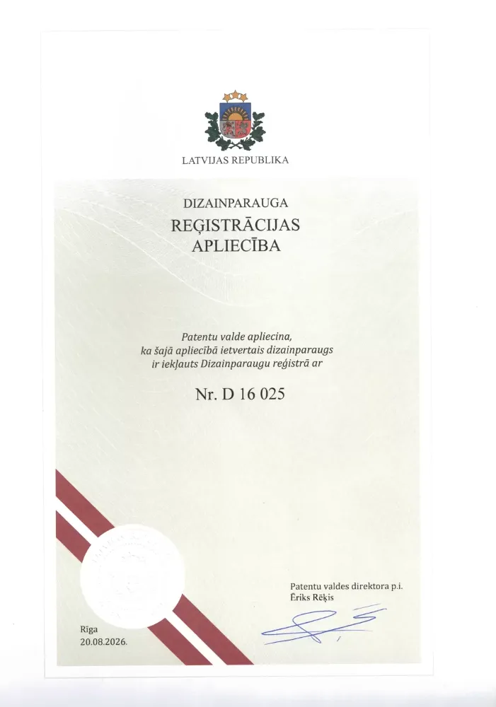 Latvijas Republikas Patentu valdes dizainparauga reģistrācijas apliecība Siguldas Rudens Bumbai
